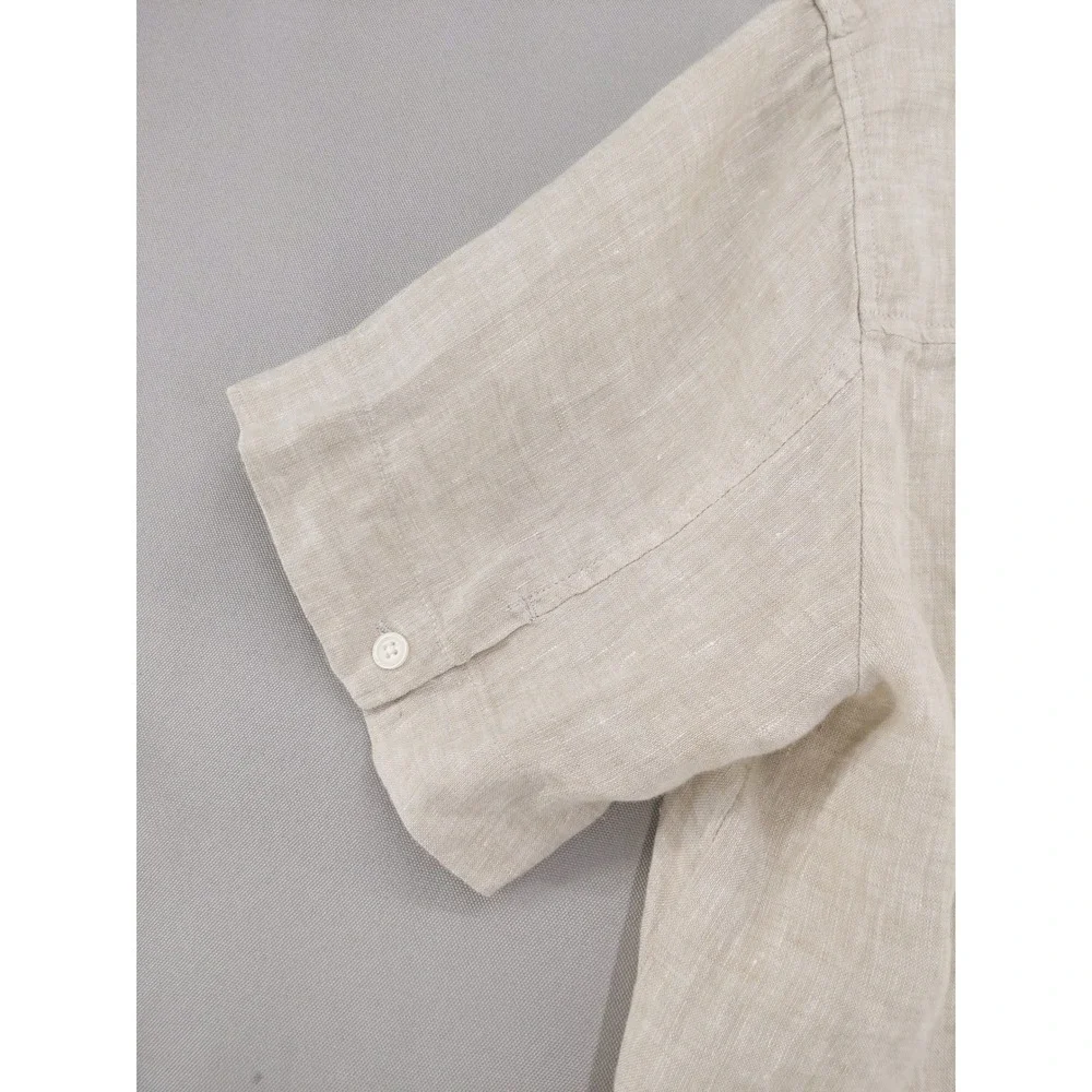 Rafaella Blouse Women Large Petite Beige 100% Linen V-Neck Short Sleeve Pocket